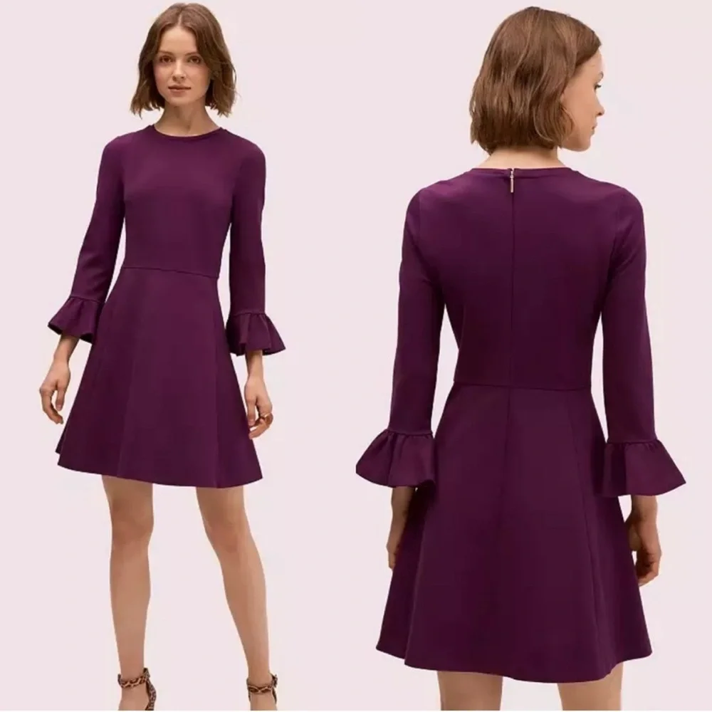 Kate Spade Ruffle Sleeve Ponte Dress Skater Purple Medium Preppy Cocktail Party